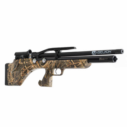 Right angle view of a MX7 Max 5 .22 Caliber PCP Air Rifle in camouflage 