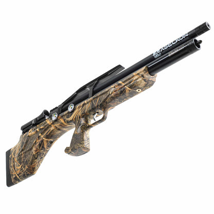 Right angle view of a MX7 Max 5 .22 Caliber PCP Air Rifle in camouflage 