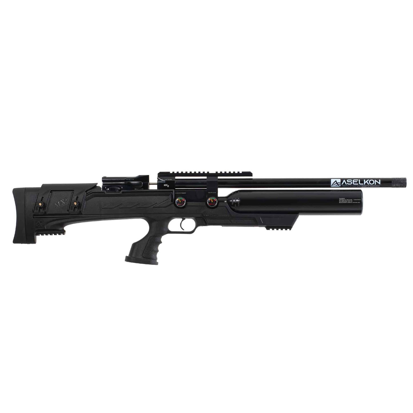 Right side view of a black Aselkon MX8 .25 Caliber PCP Air Rifle 