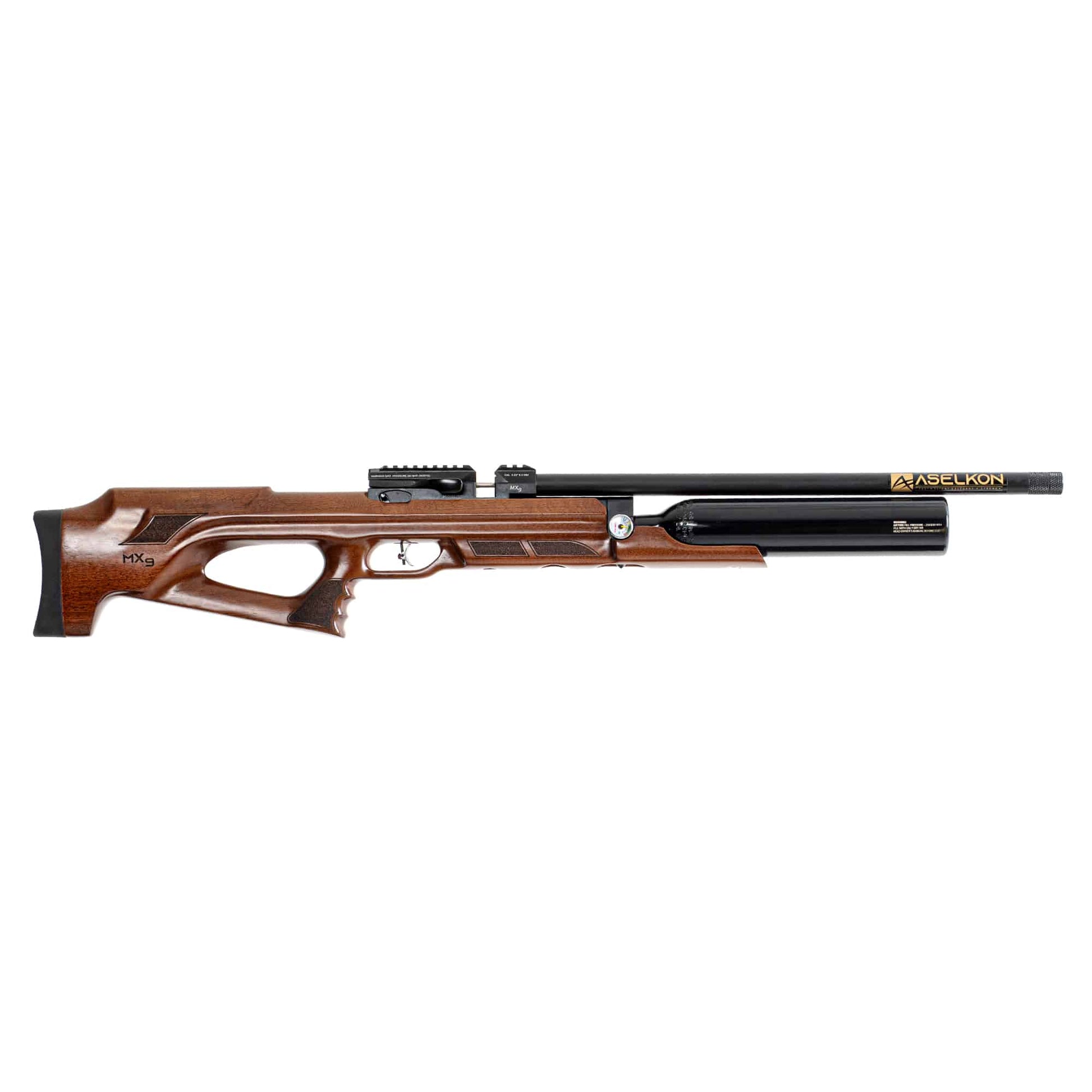Right side view of a brown and black Aselkon MX9 Wood .177 Caliber PCP Air rifle