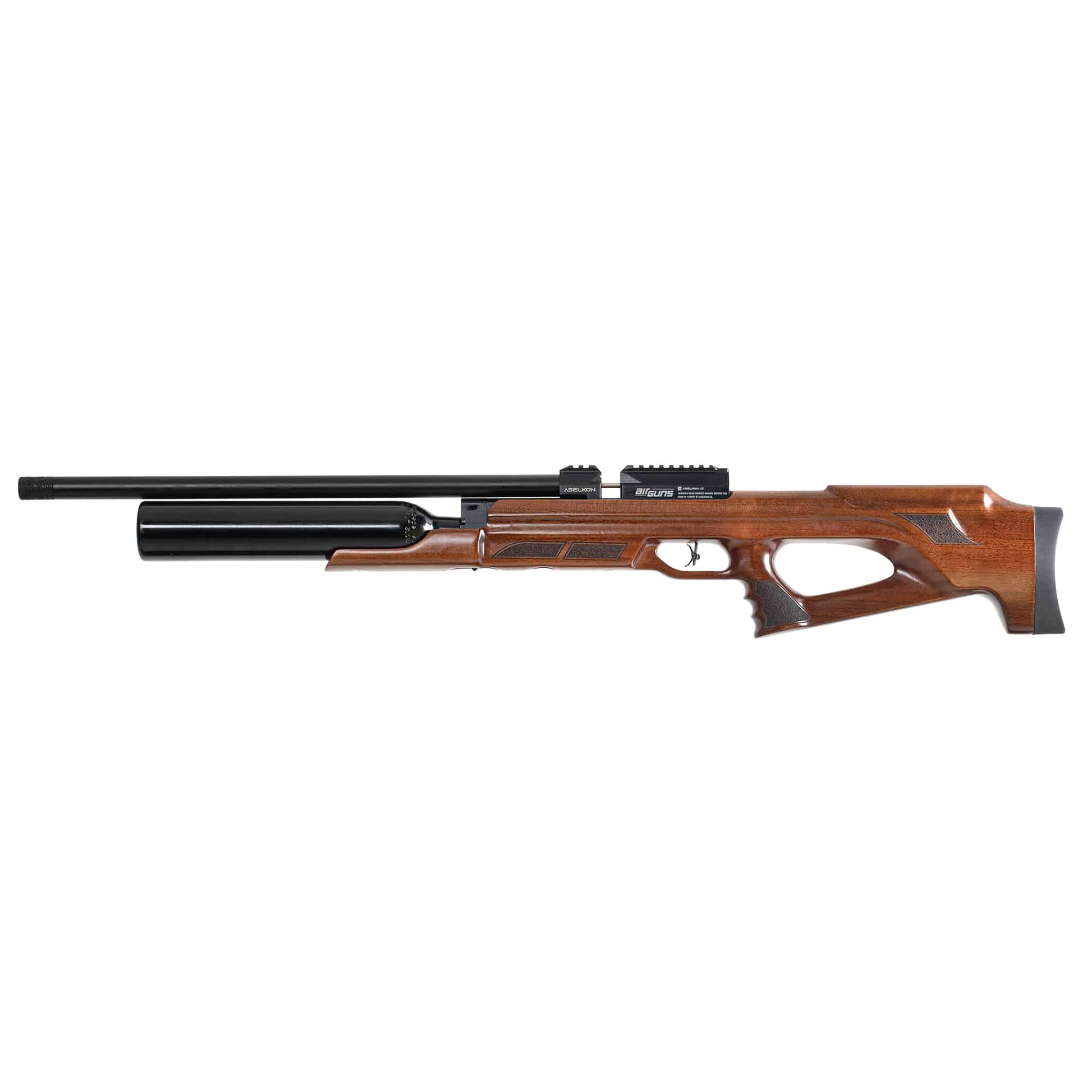 Left side view of a brown and black Aselkon MX9 Wood .177 Caliber PCP Air rifle