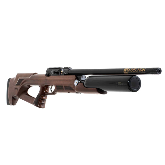 Right angle view of a brown and black Aselkon MX9 Wood .177 Caliber PCP Air rifle