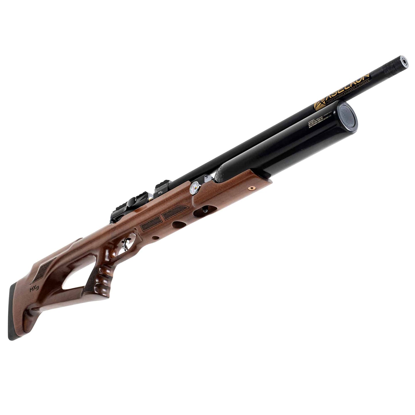 Right angle view of a brown and black Aselkon MX9 Wood .177 Caliber PCP Air rifle