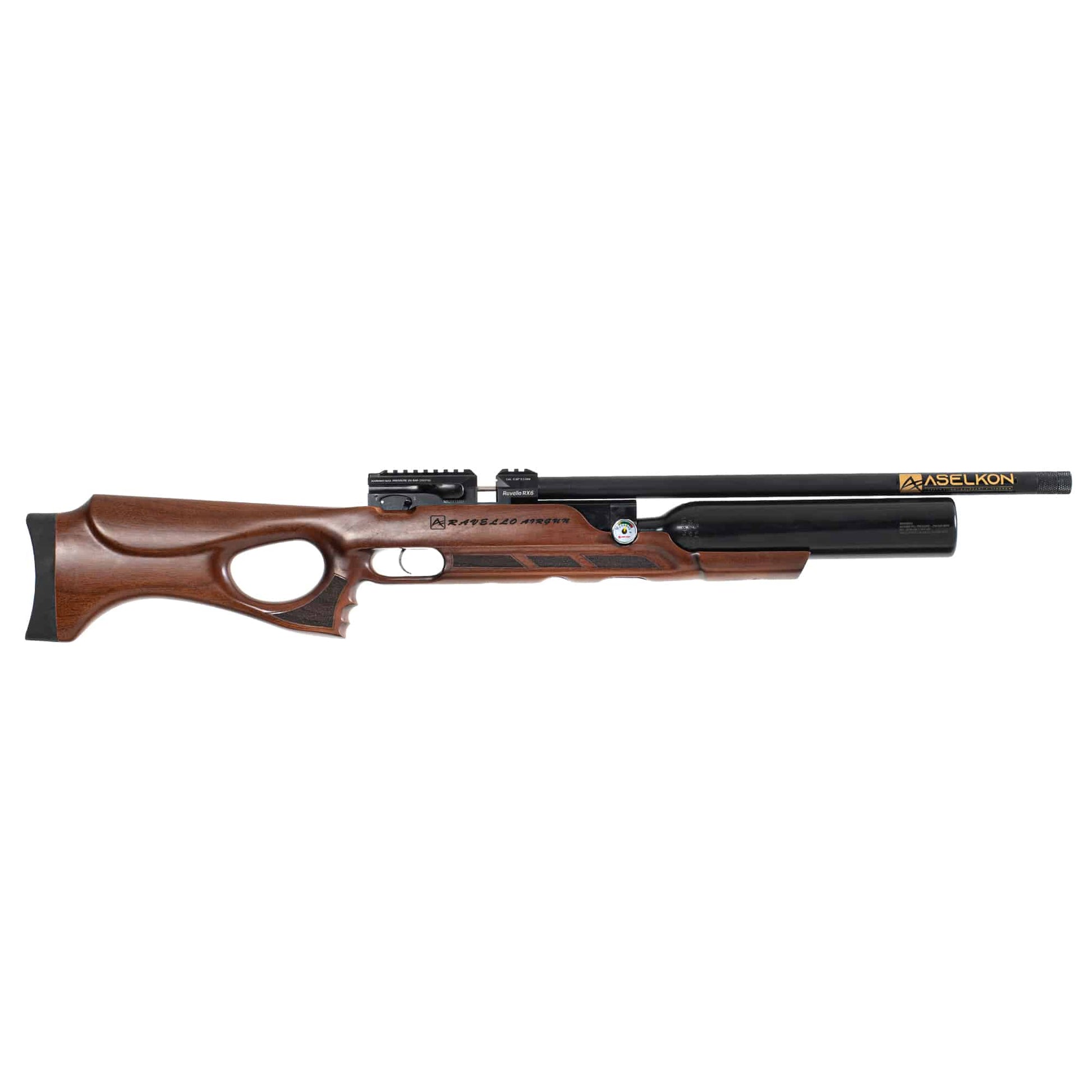 Right side view of a brown and black Aselkon Ravello RX6 .25 Caliber PCP Air Rifle