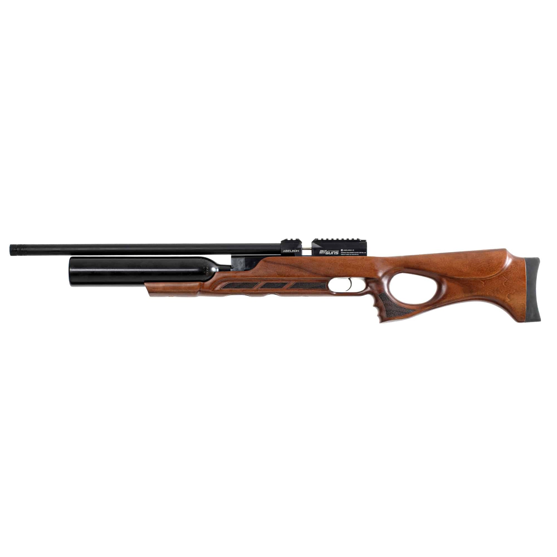 Left side view of a brown and black Aselkon Ravello RX6 .25 Caliber PCP Air Rifle