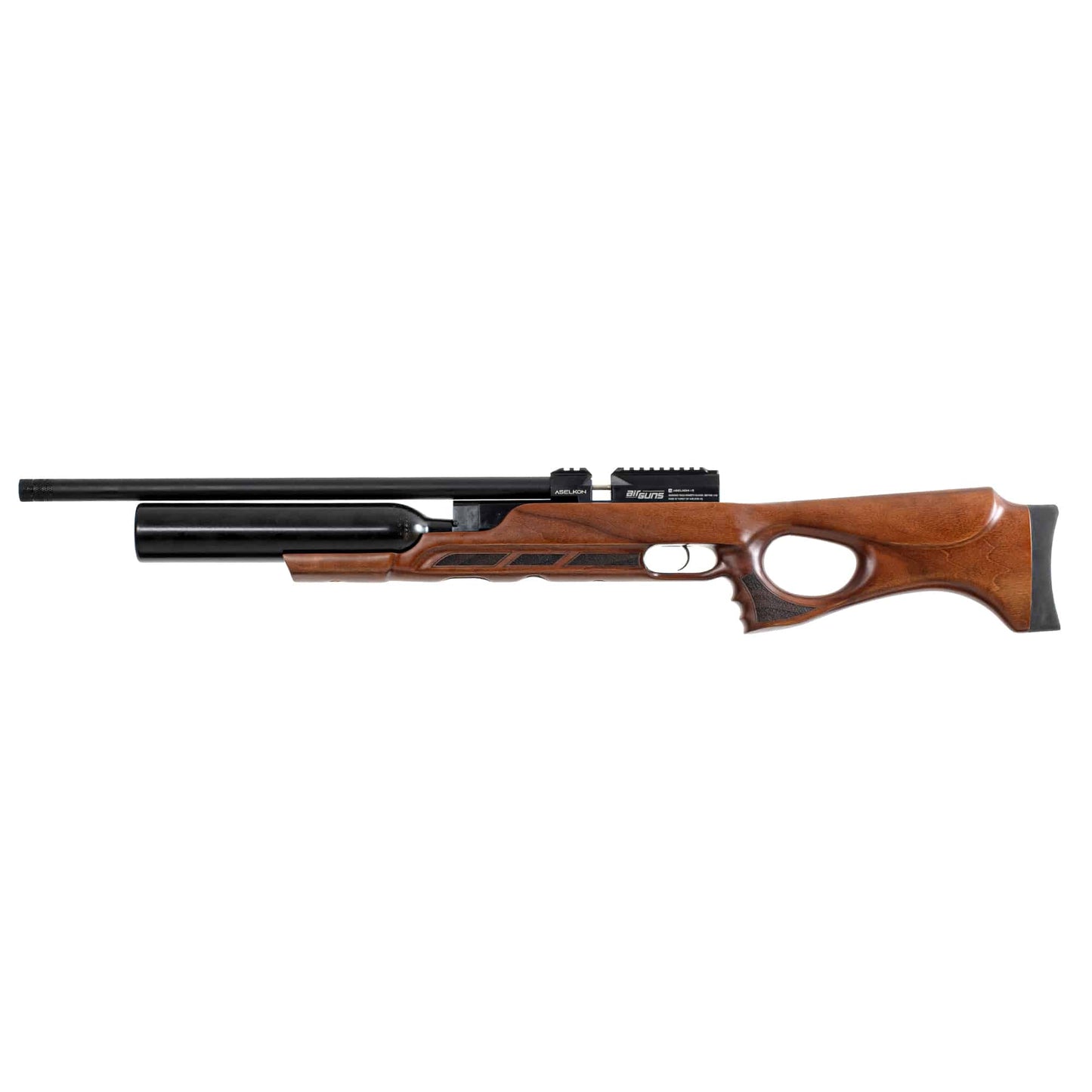 Left side view of a brown and black Aselkon Ravello RX6 .22 Caliber PCP Air Rifle