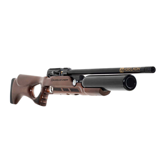 Right angle view of a brown and black Aselkon Ravello RX6 .177 Caliber PCP Air Rifle