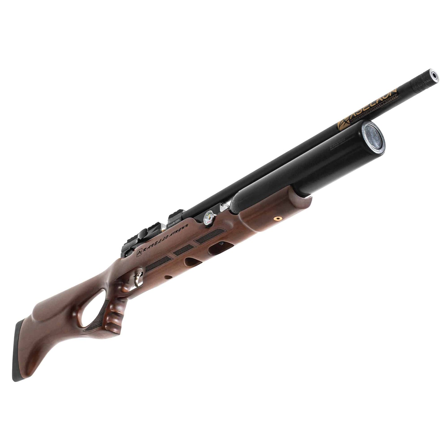 Right side view of a brown and black Aselkon Ravello RX6 .177  Caliber PCP Air Rifle