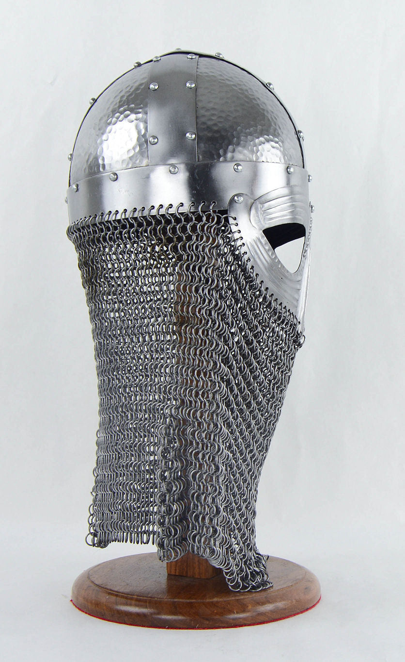 back view of a Viking Vendel Helm with Hammered Detail and Camail