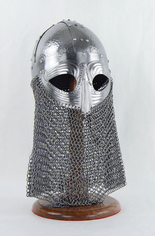full head and face Viking Vendel Helm with Hammered Detail and Camail