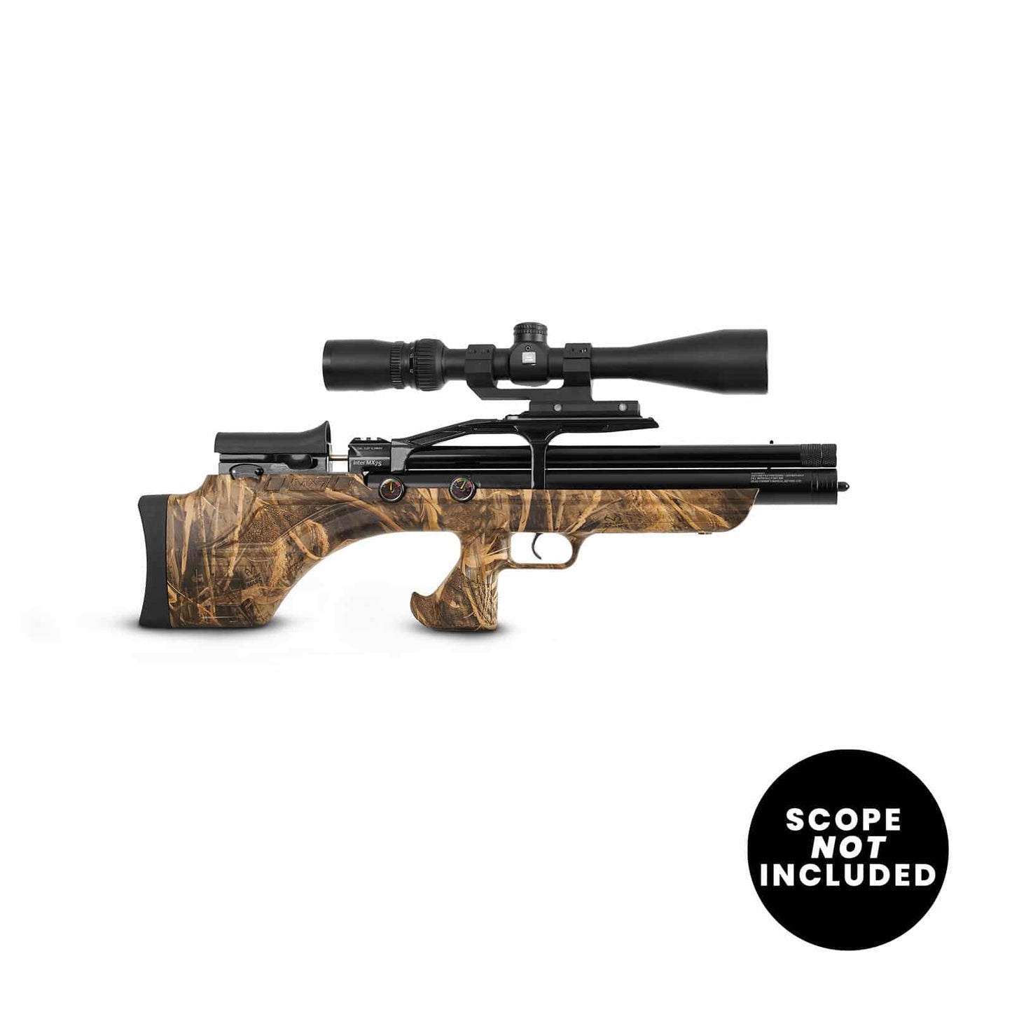 Right side view of a MX7 Max 5 .22 Caliber PCP Air Rifle in camouflage 
