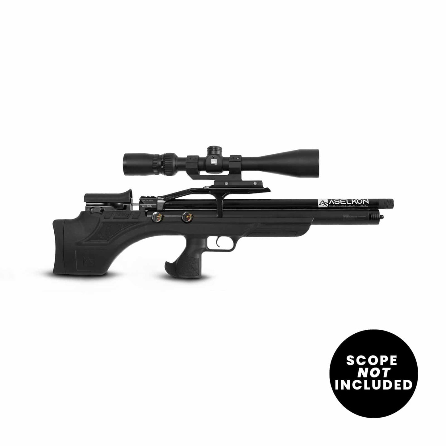 Right side view of a black Aselkon MX7 .22 Caliber PCP Air Rifle - Synthetic Stock
