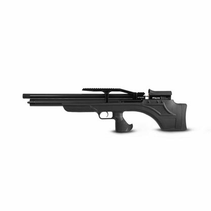 Left side view of a black Aselkon MX7 .25 Caliber PCP Air Rifle with a Synthetic Stock