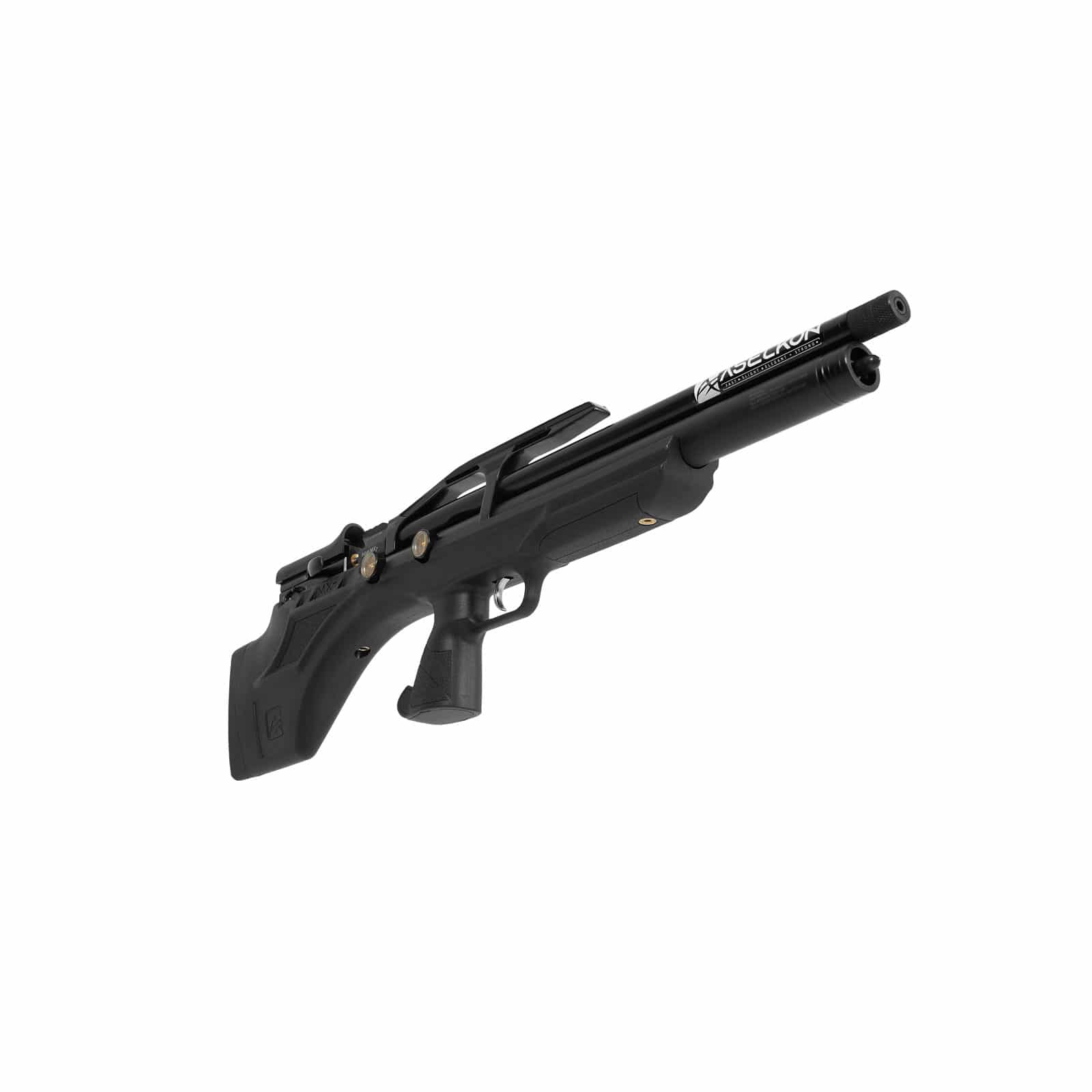 Right angle view of a black Aselkon MX7 .22 Caliber PCP Air Rifle - Synthetic Stock