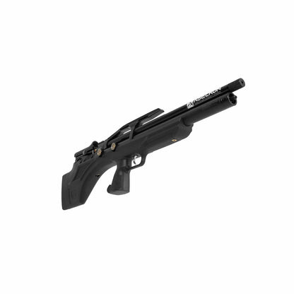 Right angle view of a black Aselkon MX7 .25 Caliber PCP Air Rifle with a Synthetic Stock