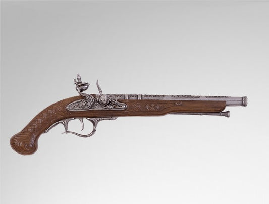 Right side view of the Replica 18th Century German Flintlock Pistol with intricately carved pewter colored mechanisms, barrel, and carved faux wood grip. 