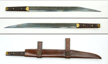 Load image into Gallery viewer, Deluxe Gold-Inlay Seax of Beagnoth with Wooden Wall Mount and Leather Scabbard

