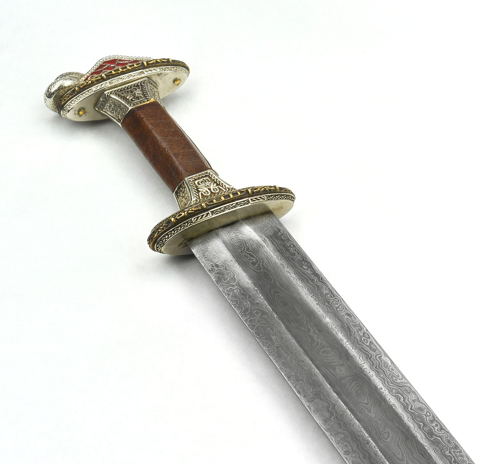 Scandinavian Vendel Chieftain's Sword with Damascus Blade - Tin Plated with Brass Hilt Accents