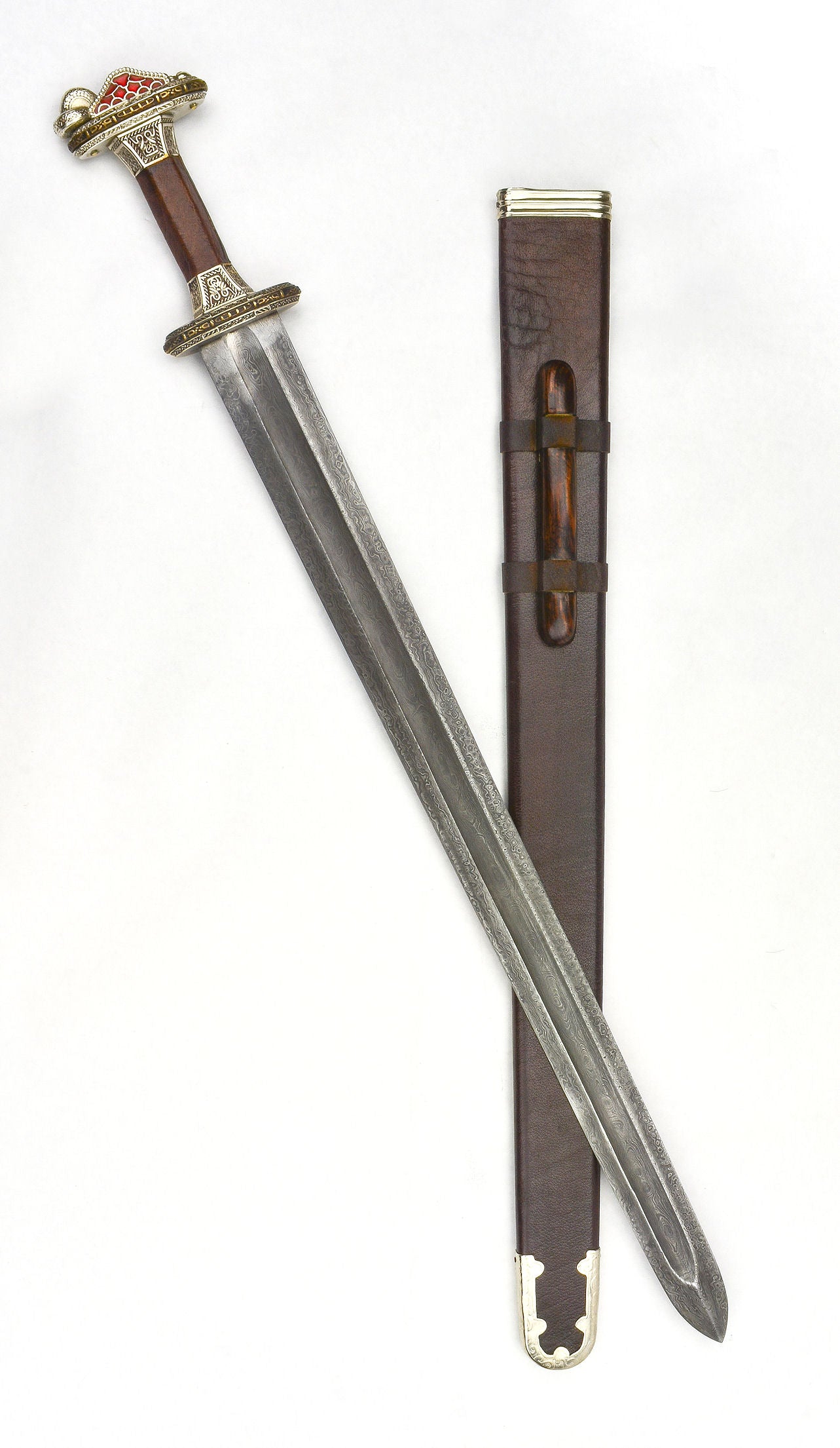 Scandinavian Vendel Chieftain's Sword with Damascus Blade - Tin Plated with Brass Hilt Accents