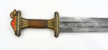 Load image into Gallery viewer, Scandinavian Vendel Chieftain&#39;s Sword with Damascus Blade - Brass Hilt with Tin Plated Accents
