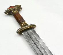 Load image into Gallery viewer, Scandinavian Vendel Chieftain&#39;s Sword with Damascus Blade - Brass Hilt with Tin Plated Accents
