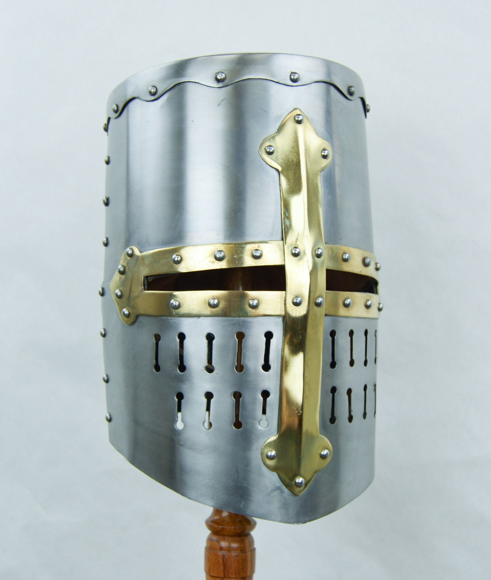 front view with brass cross 13th Century Great Helm - 16 Gauge
