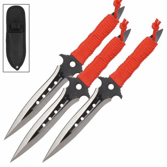 3 Triple Threat Throwing Knives with Red Handles 