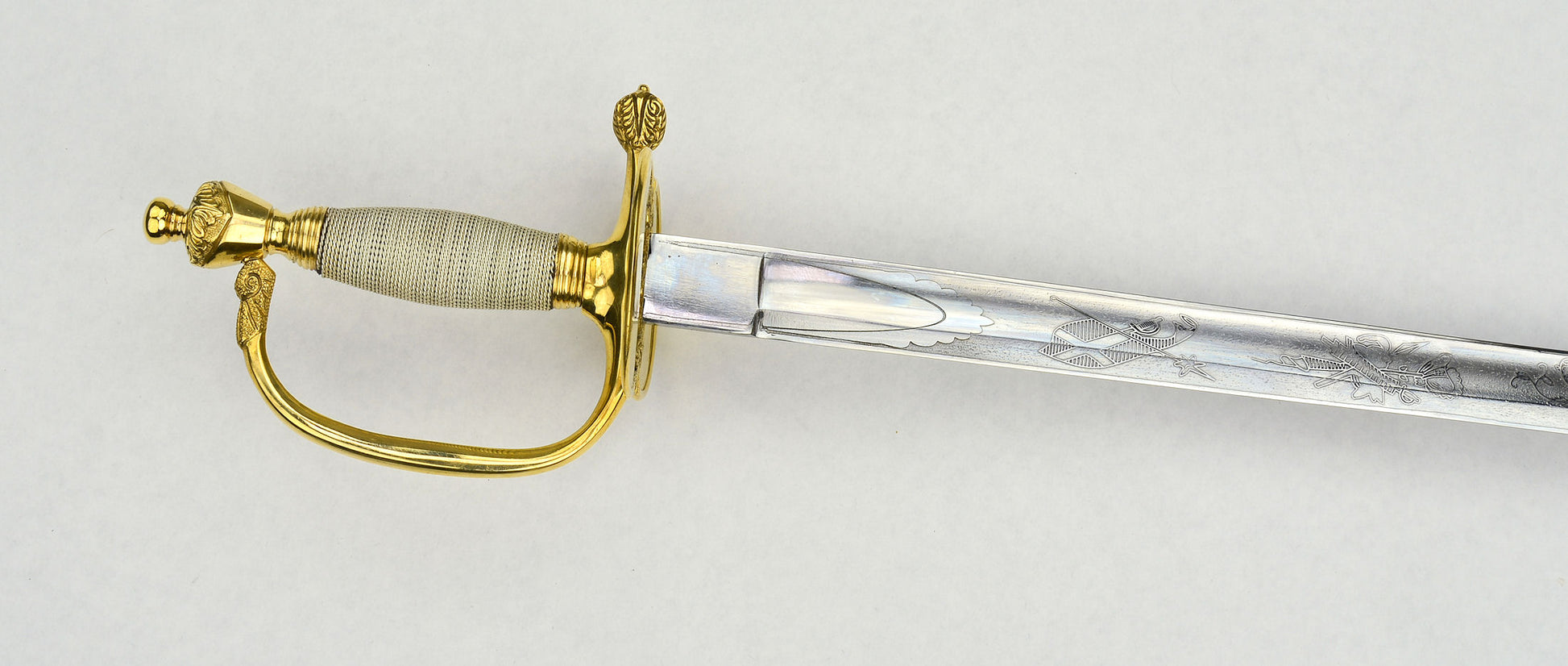 1796 Pattern British Infantry Sword - with folding guard, silver grip and decorated blade
