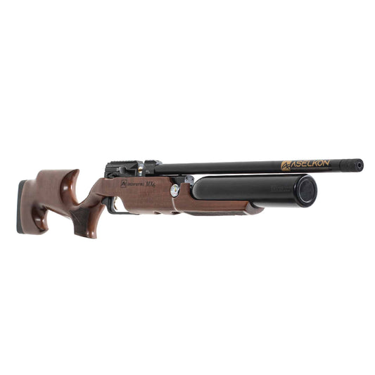 Right angle view of a brown Aselkon MX6 .22 Caliber Air rifle