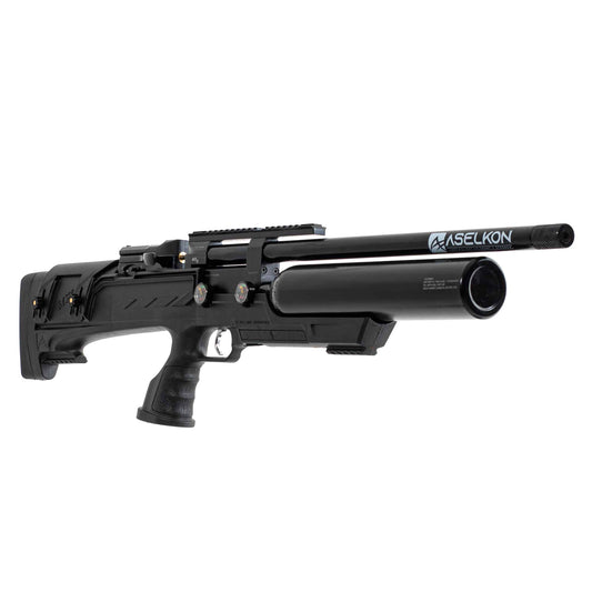 Right angle view of a black Aselkon MX8 .25 Caliber PCP Air Rifle