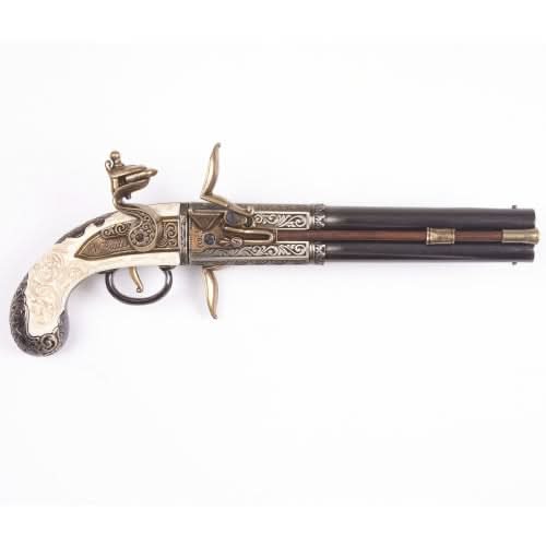 Engraved Double Barrel Flintlock Pistol