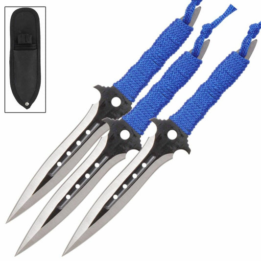 3 Triple Threat Throwing Knives with Blue Handles 