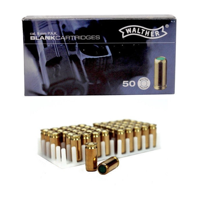 Box of Walther blank gun ammunition with some bullets sitting outside the box