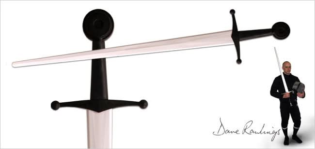 Xtreme Synthetic Sparring Longsword with a closeup of the handle and an image of a man holding a sword