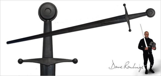 Xtreme Synthetic Sparring sword with a closeup of the handle and an image of a man holding a sword