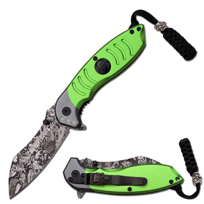 4.5 Inch Z-Hunter Skull Camo Blade Spring Assist Knife - Green Handle